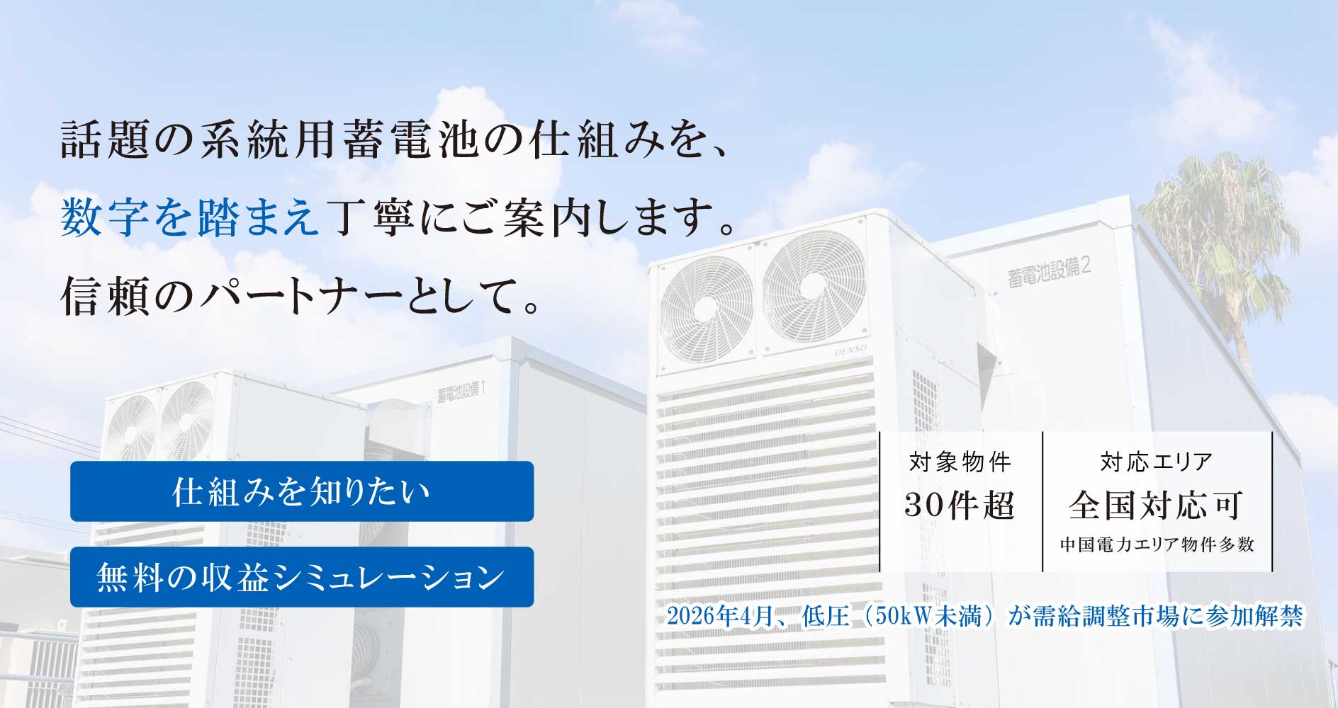 蓄電池投資なら広島・福山の大目商店｜高圧・低圧系統用蓄電池